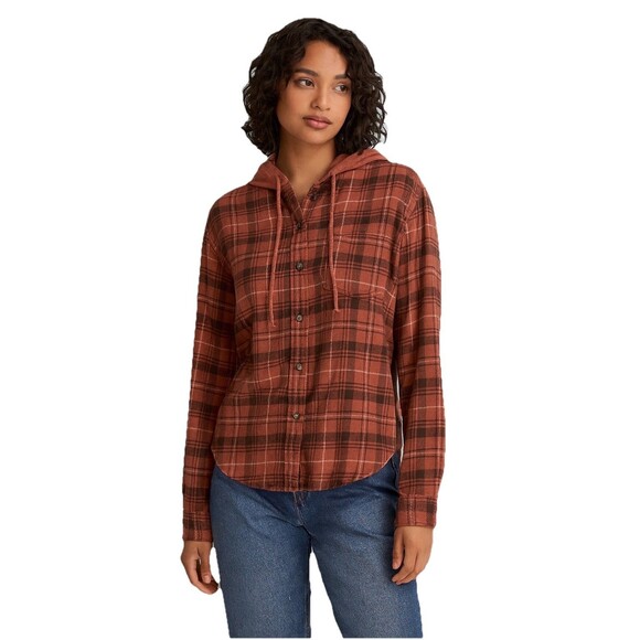 American Eagle Hooded Plaid Flannel Shirt Size X-Small Earth Tones - Picture 1 of 7